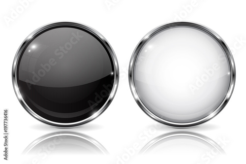 White and black buttons with chrome frame. Round glass shiny 3d icons