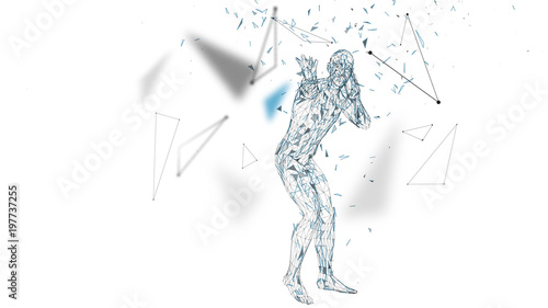 Conceptual abstract man is afraid of fear. Connected lines, dots, triangles, particles. Artificial intelligence concept. High technology vector, digital background. 3D render vector illustration.