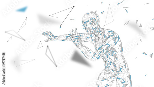 Conceptual abstract man is afraid of fear. Connected lines, dots, triangles, particles. Artificial intelligence concept. High technology vector, digital background. 3D render vector illustration.