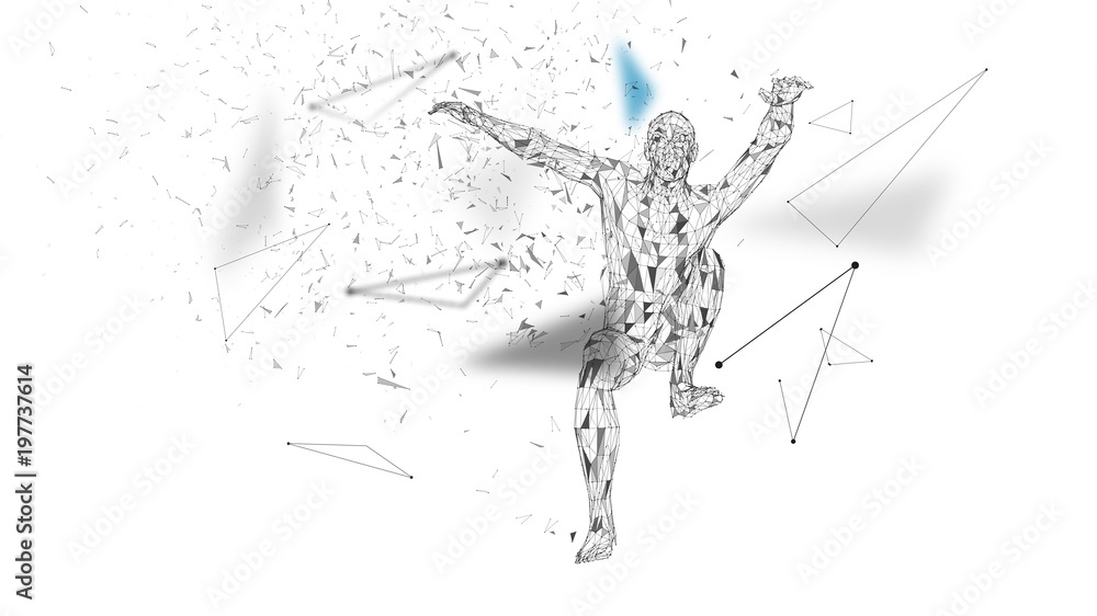 Naklejka premium Conceptual abstract man in a jump. Connected lines, dots, triangles, particles. Artificial intelligence concept. High technology vector, digital background. 3D render vector illustration.