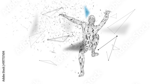 Conceptual abstract man in a jump. Connected lines, dots, triangles, particles. Artificial intelligence concept. High technology vector, digital background. 3D render vector illustration.