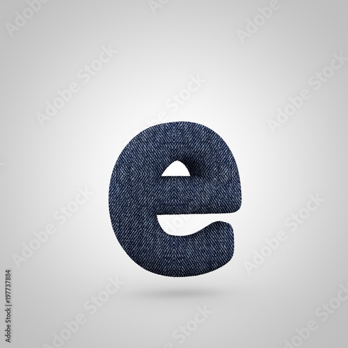 Jeans letter E lowercase with blue denim texture isolated on white background.