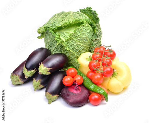 Savoy cabbage, cherry tomatoes, eggplants and  pepper on a white background