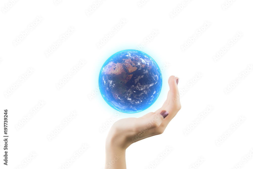Woman Hand Holding 3D Rendering Of The Earth Isolated On White Background Woman Hand Holding 3D Rendering Of The Earth Isolated On White Background