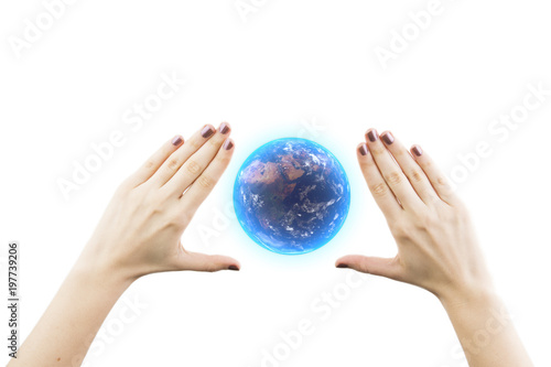 Woman Hand Holding 3D Rendering Of The Earth Isolated On White Background