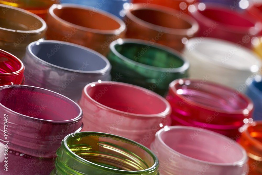 lots of glass paint pots(selective focus) lots of glass paint pots(selective focus)