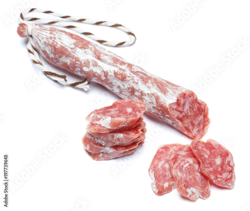 Dried organic salami sausage on white background