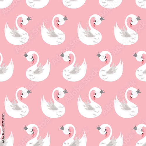Seamless swan princess pattern. Cute princess swan. Cartoon hand drawn vector illustration. 