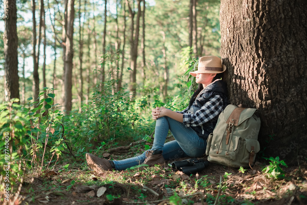  Young beautiful hiker woman sitting under a big tree in the tropic forest. Young woman traveller with backpack in a woods. Hiking at summertime.