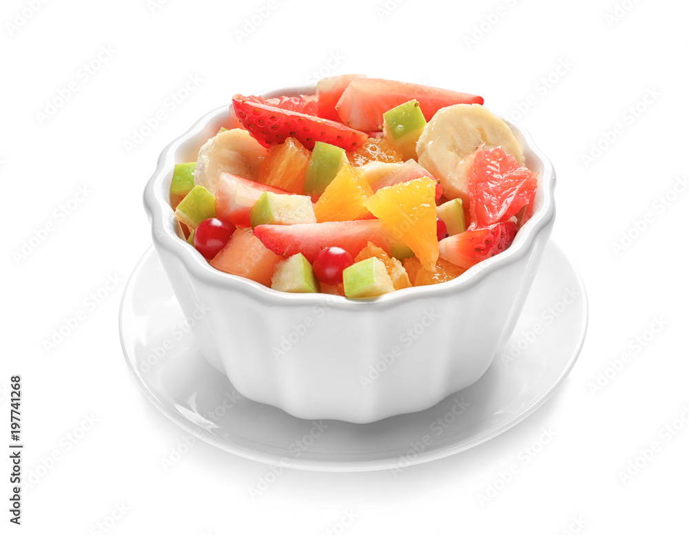 Bowl with fresh cut fruits on white background Bowl with fresh cut fruits on white background