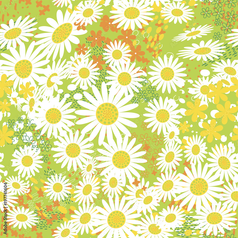 Daisy floral seamless pattern with strokes and dotted