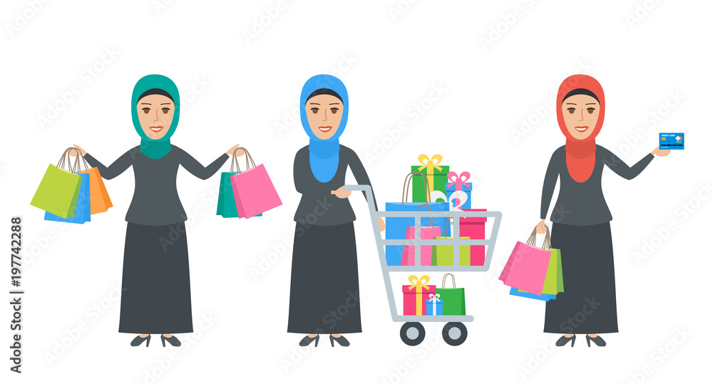 muslim arab women with shopping bags and cart muslim arab women with shopping bags and cart