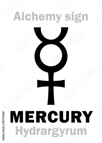 Alchemy Alphabet: MERCURY / QUICKSILVER (Hydrargyrum, Argentum vivum; Mercurius), one of three primes — wet/feminine source, Philosopher's Mercury; ideal alchemic liquid metal. Chemical formula=[Hg].
