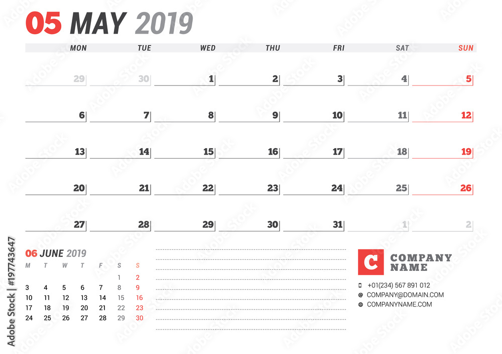 Calendar template for May 2019. Business planner. Stationery design. Week starts on Monday. 2 Months on the page. Vector illustration Calendar template for May 2019. Business planner. Stationery design. Week starts on Monday. 2 Months on the page. Vector illustration