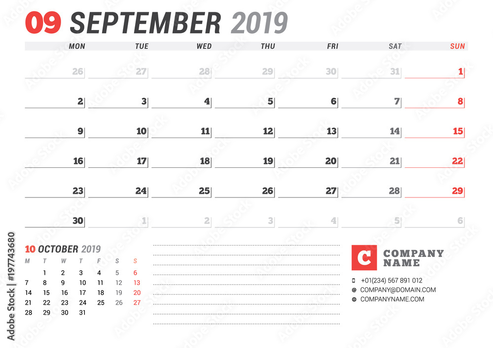 Calendar template for September 2019. Business planner. Stationery design. Week starts on Monday. 2 Months on the page. Vector illustration Calendar template for September 2019. Business planner. Stationery design. Week starts on Monday. 2 Months on the page. Vector illustration
