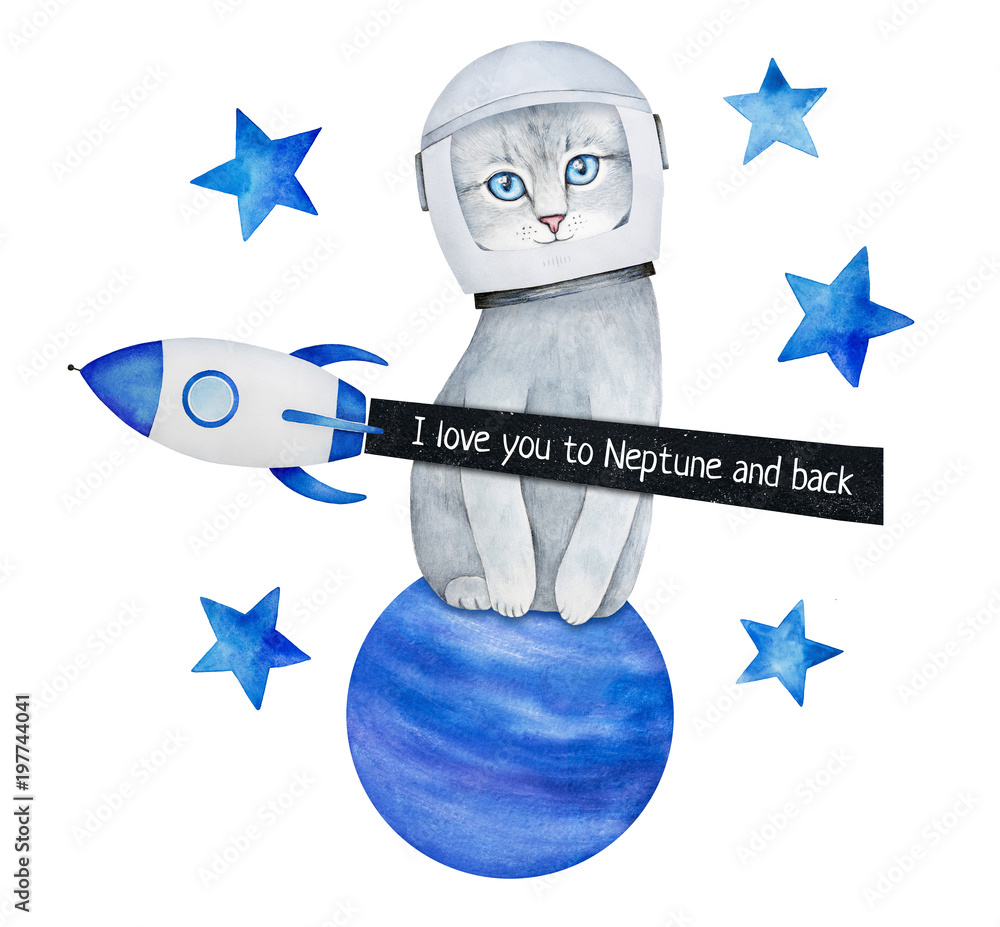Obraz Gwiazdy, statek kosmiczny, kociak w hełmie astronautów, planeta galaktyki, nocne niebo i wiadomość tekstowa: "Kocham cię do Neptuna iz powrotem". Pocztówka "Myślenie o tobie". Ręcznie rysowane farby kolor wody na białym tle.