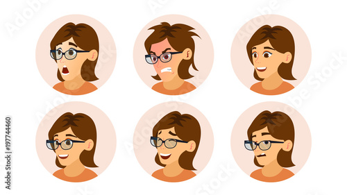 Business Woman Avatar Vector. Woman Face, Emotions Set. Clerk Girl. Female Creative Default Avatar Placeholder. Modern Business Girl. Cartoon, Comic Art Flat Isolated Illustration