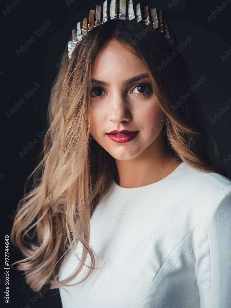 Portrait face stair of young bride in white dress Portrait face stair of young bride in white dress