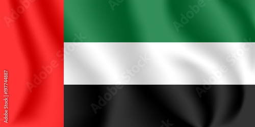 Flag of United Arab Emirates (UAE). Realistic waving flag of Emirates. Fabric textured flowing flag of Emirates.