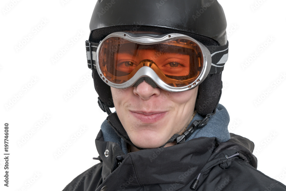 smiling young man with ski helmet and goggles, isolated on white smiling young man with ski helmet and goggles, isolated on white