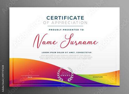 certificate template with colorful vibrant wavy shape