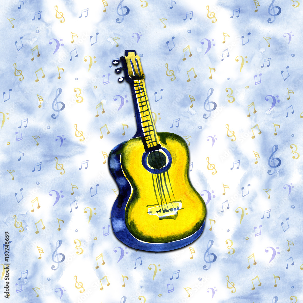 Acoustic guitar watercolor illustration on blue note background