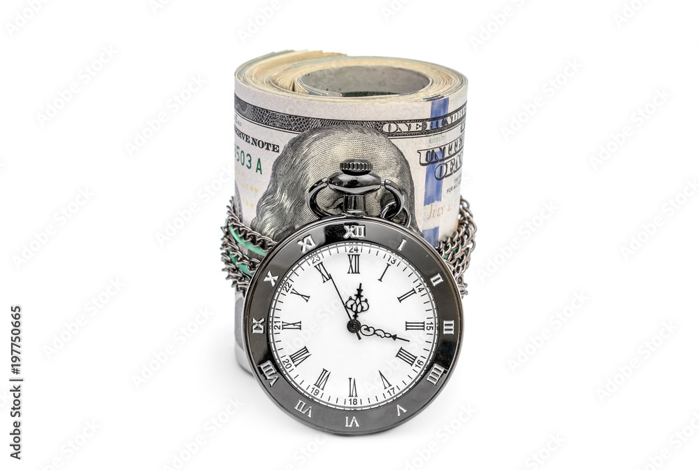 Rolled up dollar bills with pocket watch on white. Rolled up dollar bills with pocket watch on white.
