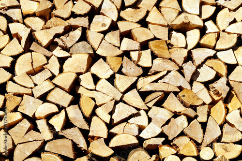 Obraz na płótnie Chopped wood, stacked in a woodpile. w salonie