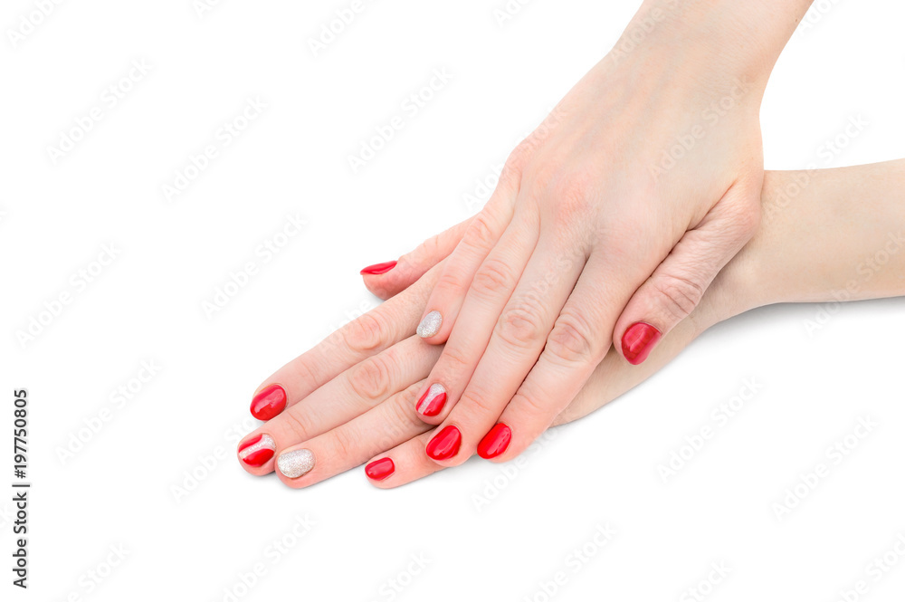 Female's hands with red manicure on white background. Female's hands with red manicure on white background.