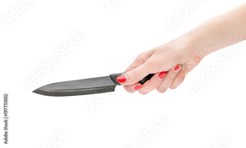 Woman hand holding kitchen knife. Isolated on white background.