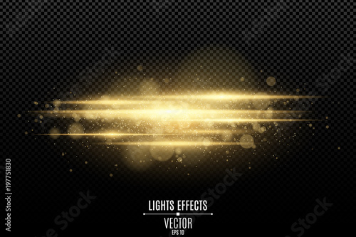 Abstract magic stylish light effect on a transparent background. Gold glowing neon lines in motion. Luminous dust and glares bokeh. Flash Light. luminous trail. Vector illustration