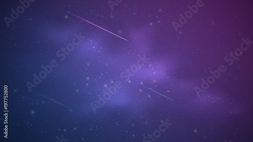 Magic Starry Sky with a luminous blue and purple milky way. Shooting stars. Falling comets. Shining stars. Background for your design. Vector illustration