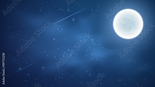 Starry sky with a luminous blue milky way. Shooting stars. Full moon. Falling comets. Shining stars in the dark sky. Background for your design. Vector illustration