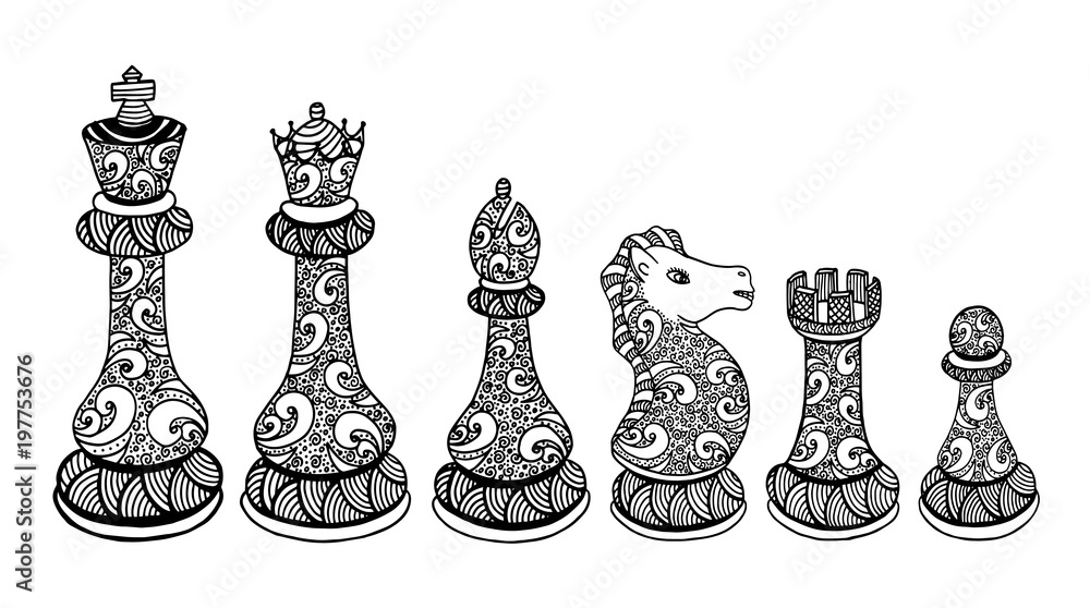 Single one line drawing chess pieces aligned, luxury hand drawn or  engraving. King, Queen, Bishop, Knight, Rook, Pawn. Leader success concept.  Continuous line draw design graphic vector illustration 23866745 Vector Art  at