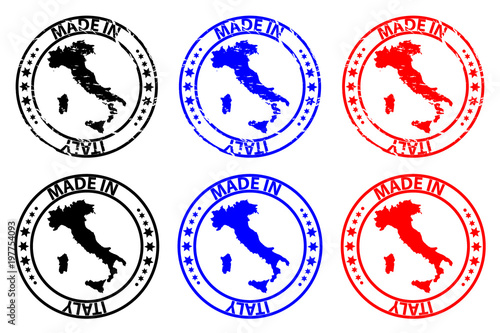 Made in Italy - rubber stamp - vector, Italy map pattern - black, blue and red