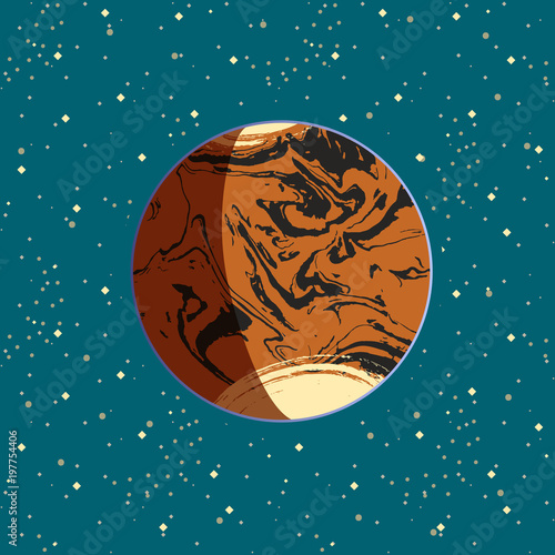 Mars - red globe terrestrial exo planet on blue space stars background. Futuristic cartoon scenery. Vector space illustration in comics style. Mars colonization project. Universe concept poster