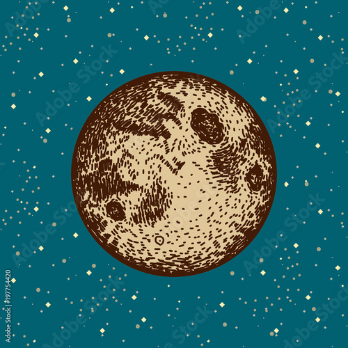 Full moon - hand drawn globe terrestrial planet on blue space star background. Futuristic cartoon scenery. Vector space illustration in comics style. Moon colonization project. Universe concept poster