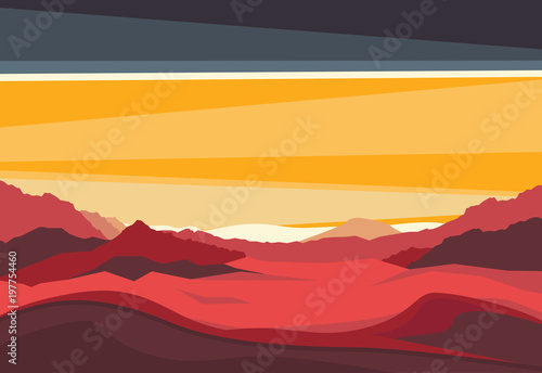 Landscape with Mars mountains in sunset light. Red terrestrial exo planet. Panoramic evening view from the valley. Futuristic scenery. Vector space illustration in comics style