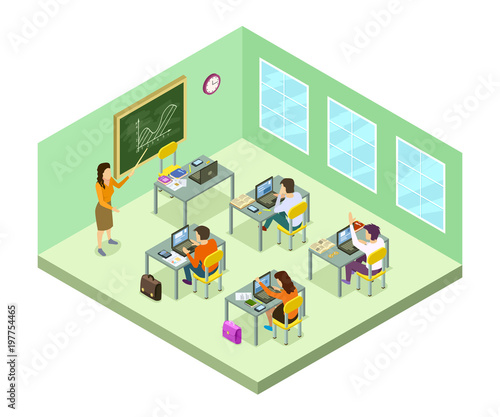 School education isometric design with teacher and pupil at the lesson. Learning process in the classroom vector illustration.