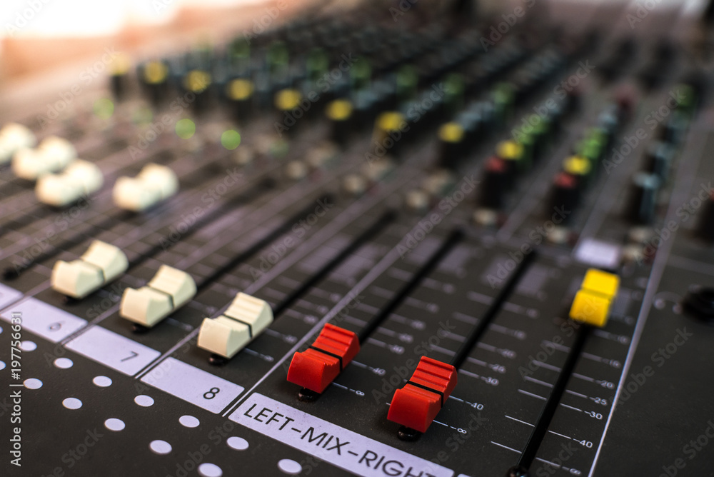 Closeup audio sound mixer, analog electronics equipment Closeup audio sound mixer, analog electronics equipment
