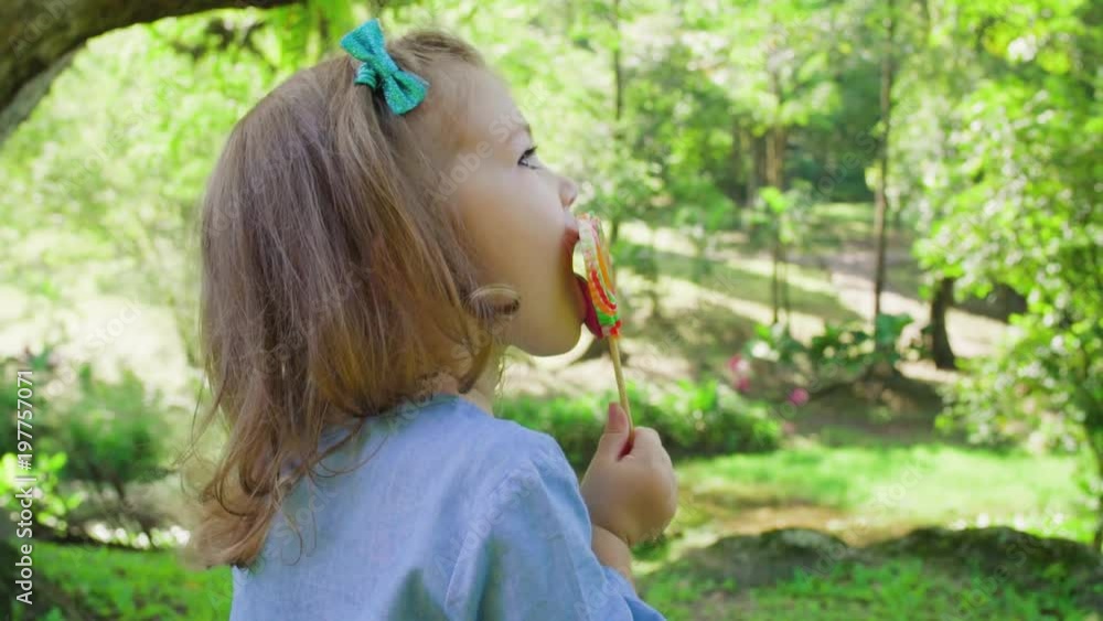The girl licks the Lollipop in a beautiful Park The girl licks the Lollipop in a beautiful Park