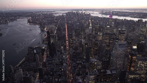Aerial view of New York City's skyline at dusk from 59th Street and 1st Avenue