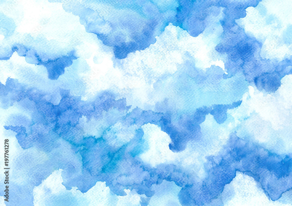 hand painted blue sky and clouds watercolor illustration background