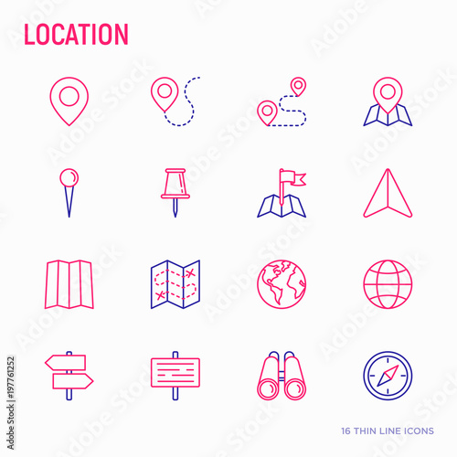 Location thin line icons set: pin, pointer, direction, route, compass, wall needle, cursor, navigation, gps, binoculars. Modern vector illustration.