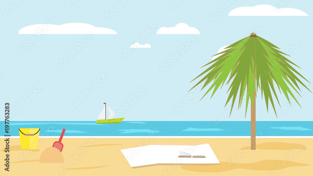 Landscape of sea of sandy tropical beach with palm tree on clear summer day. children's bucket and shovel in the sand. blanket and a book on sand of beach. Vector flat. Beach seascape. Rest on sea.