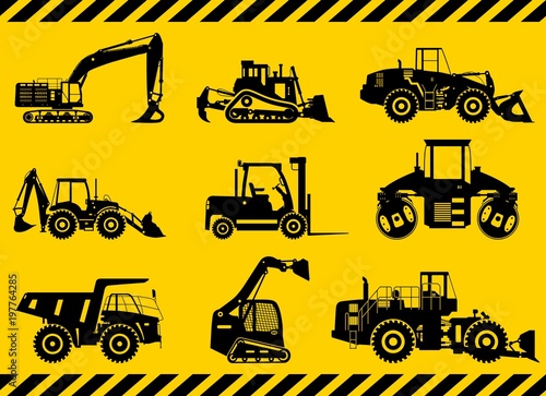 Set of black silhouettes heavy construction and mining machines in flat style on the yellow background. Building machinery. Special equipment. Vector illustration.