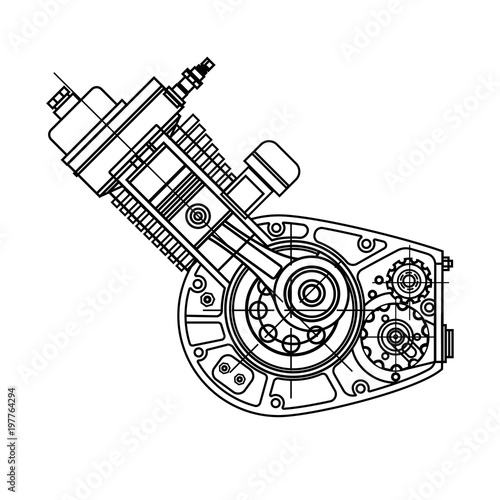 Motocycle engine design isolated in black background. It can be used as an illustration for the high-tech, systems and mechanisms, motors, development of engineering and research.