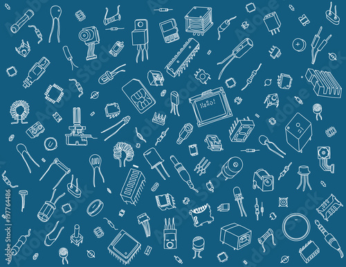 Electronic components pattern on blue background