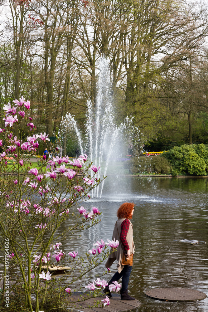 Fototapeta premium Teich mit Springbrunnen im Keukenhof in Holland als Nahaufnahme mit schönen Bokeh
