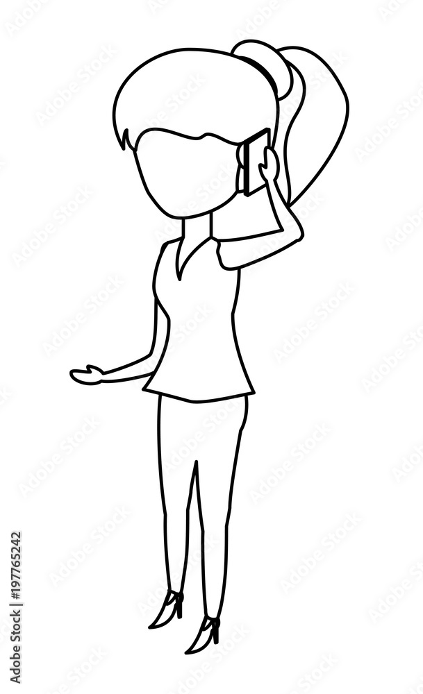 Woman standing and Talking on Cellphone over white background, vector illustration